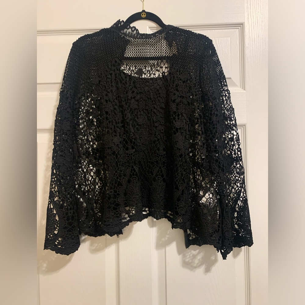Mock Black Lace Zip Down Top